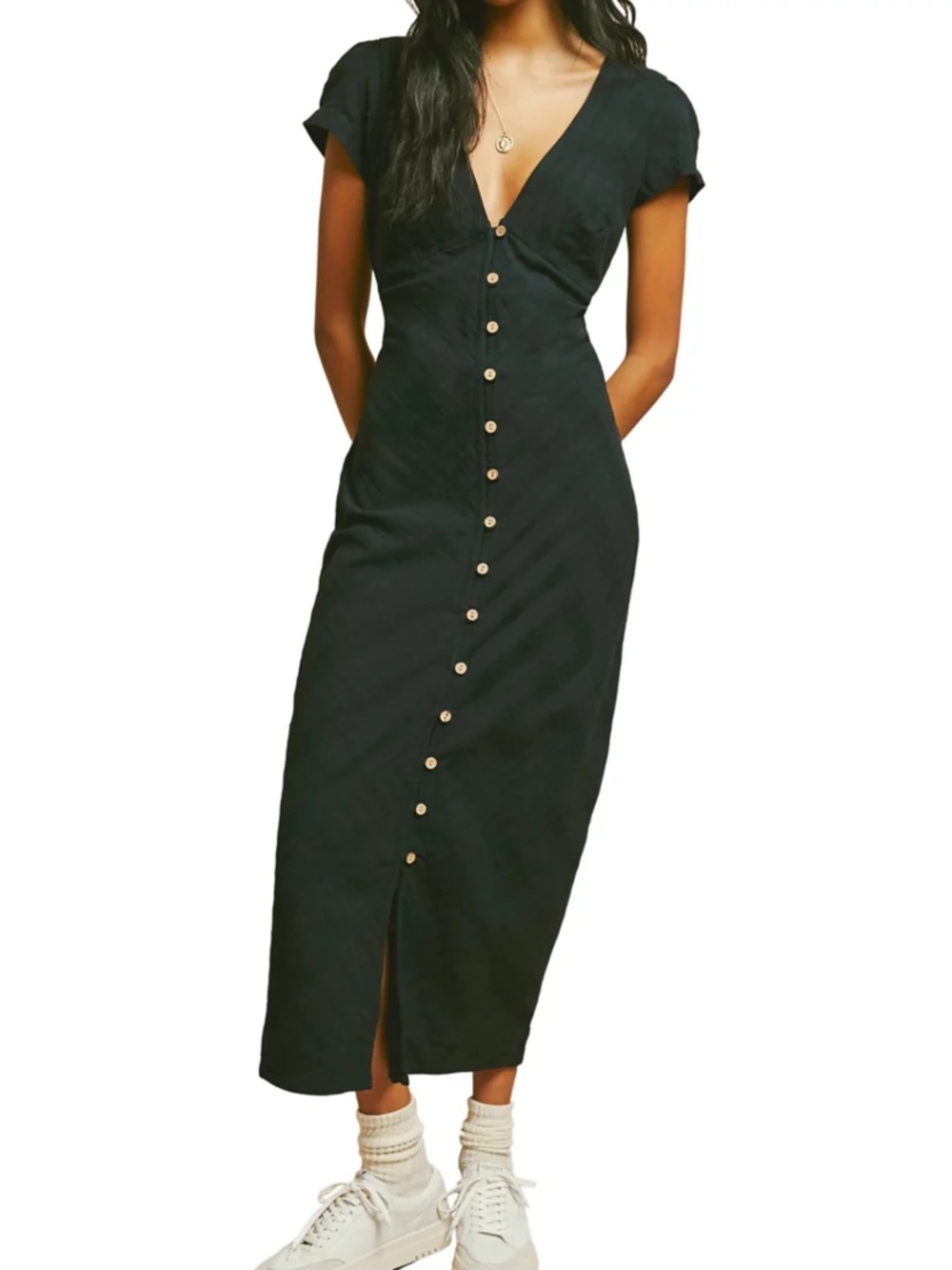 Free People Free-est New in Town Midi Black Button Dress